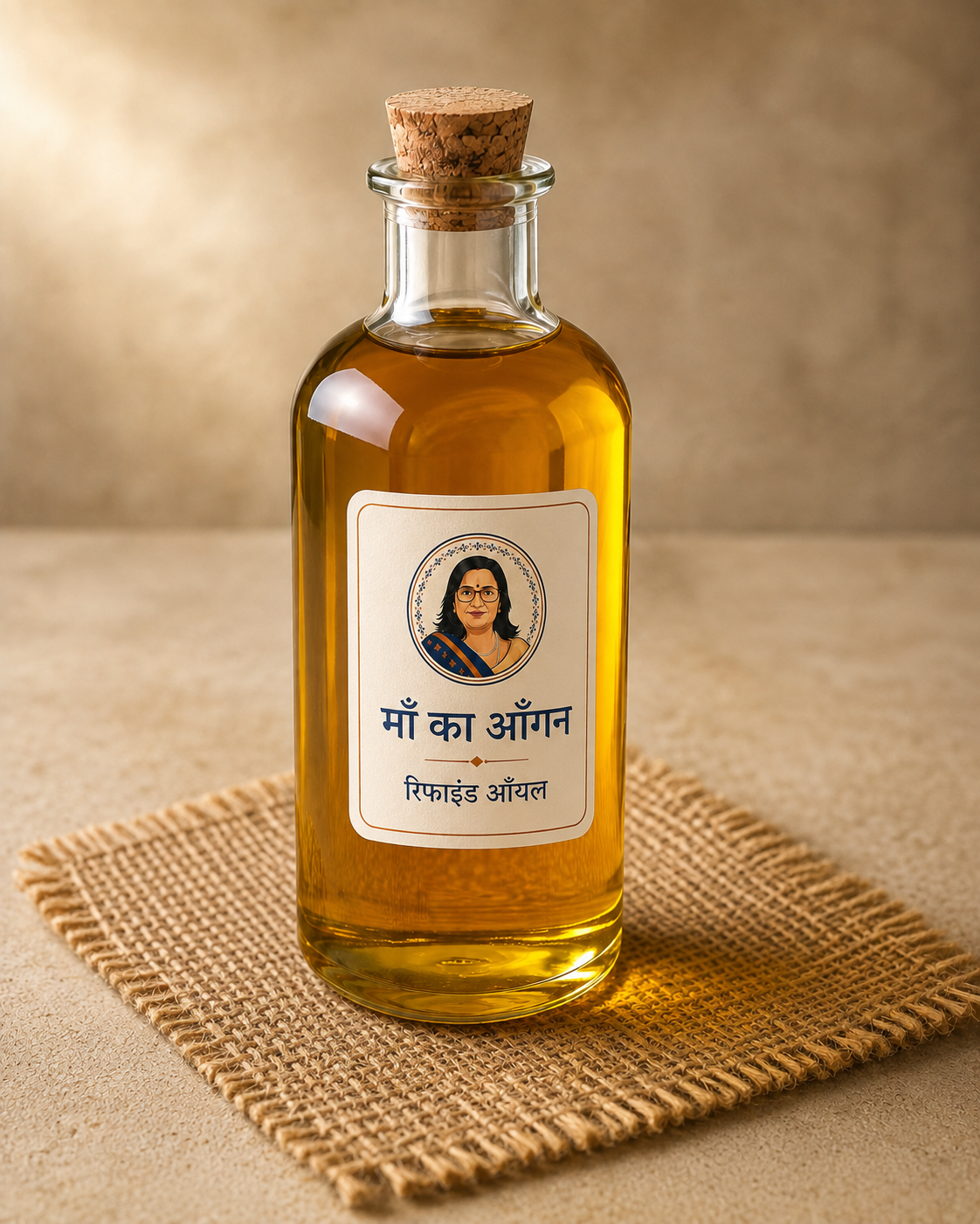 माँ का आँगन के लोगो वाली रिफाइंड ऑयल की बोतल