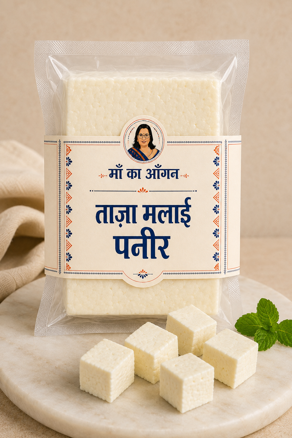 माँ का आँगन की पैकेजिंग में ताज़ा मलाई पनीर और पनीर के टुकड़े